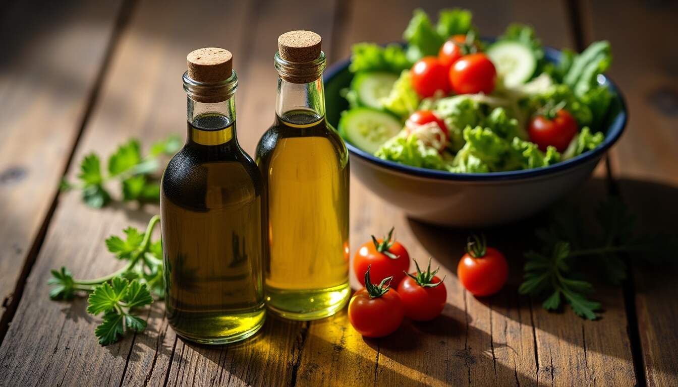 Tökmagolaj és olívaolaj üvegek friss zöldsalátával, paradicsommal és uborkával egy faasztalon napfényben – egészséges mediterrán étkezés