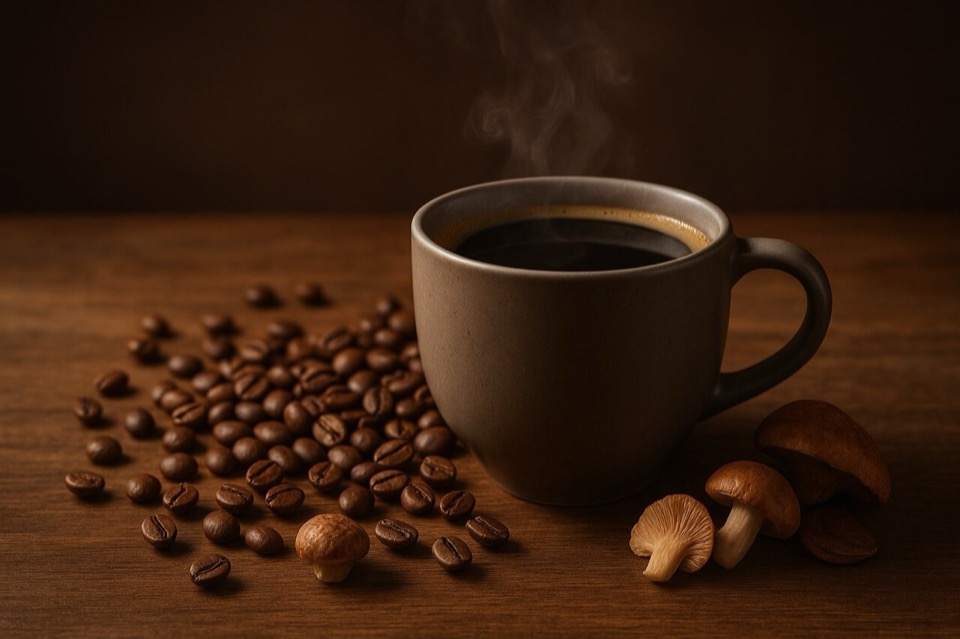 Arabica kávé gőzölgő csészében kávészemekkel és gombával, faasztalon.