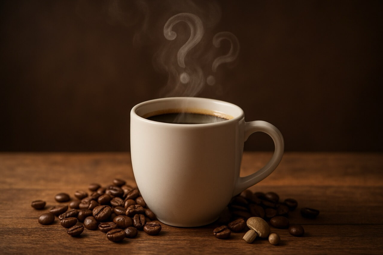 Csésze kávé kérdőjel formájú gőzzel – a kávémítoszok és a koffein hatásainak szimbolikus ábrázolása