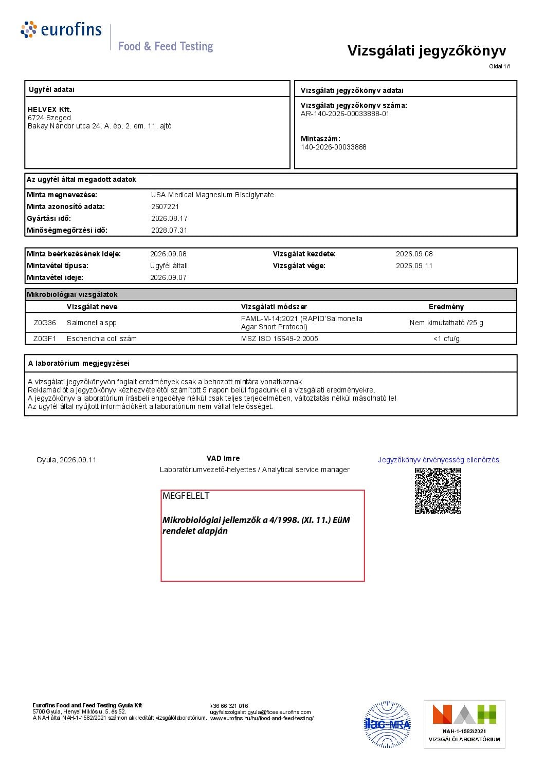 A jegyzőkönyv első oldala: Mikrobiológiai vizsgálat