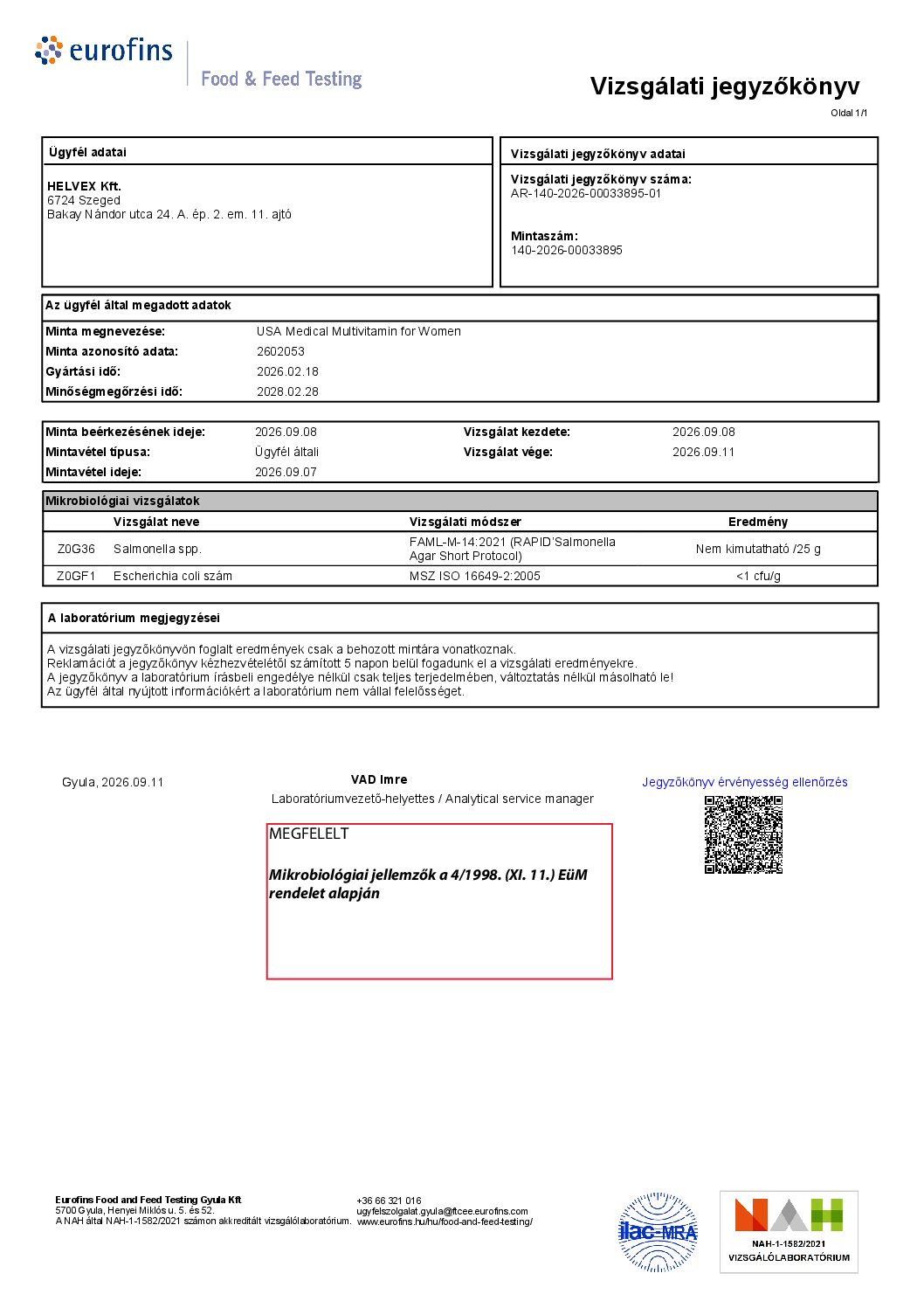 A jegyzőkönyv első oldala: Mikrobiológiai vizsgálat