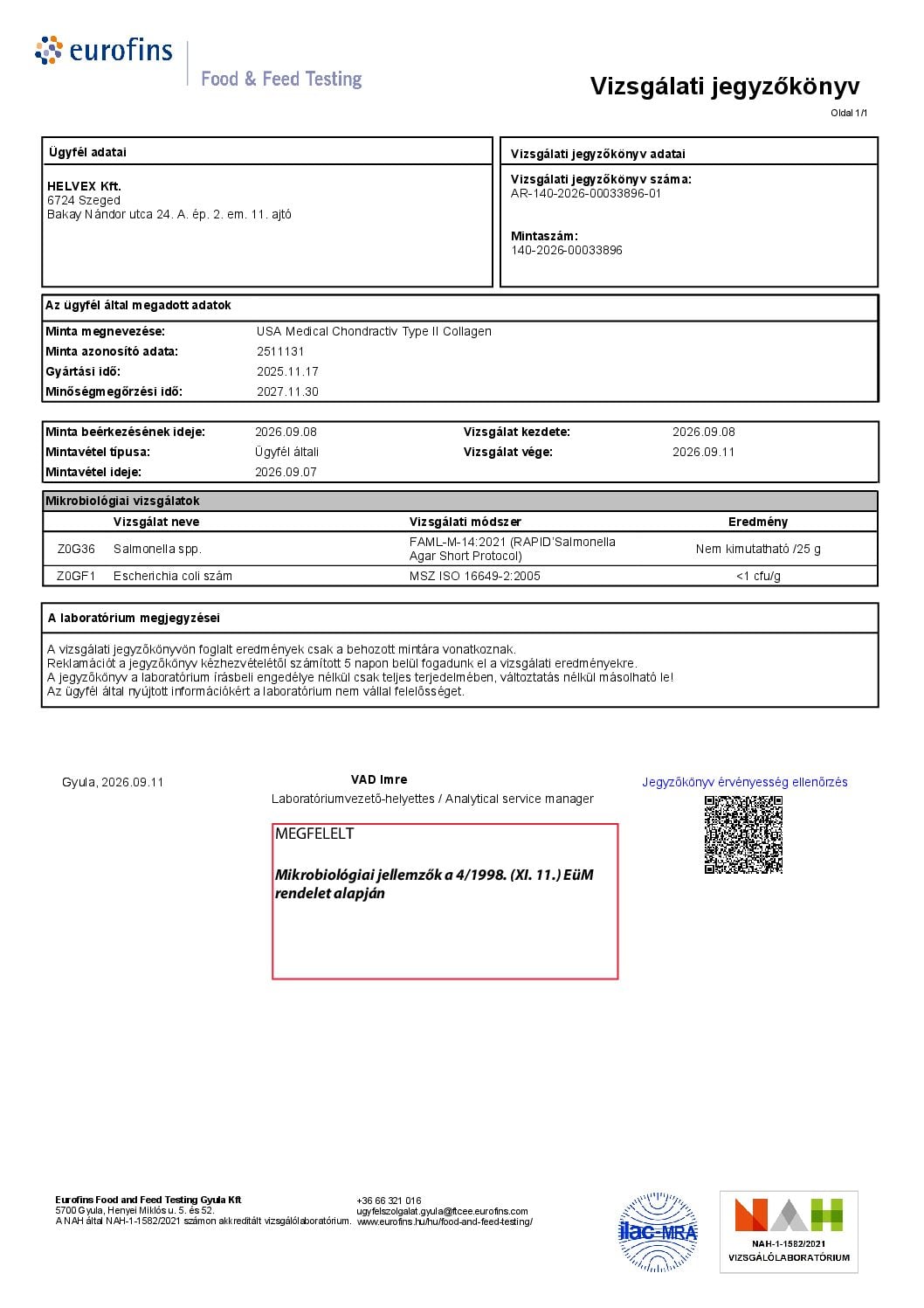 A jegyzőkönyv első oldala: Mikrobiológiai vizsgálat
