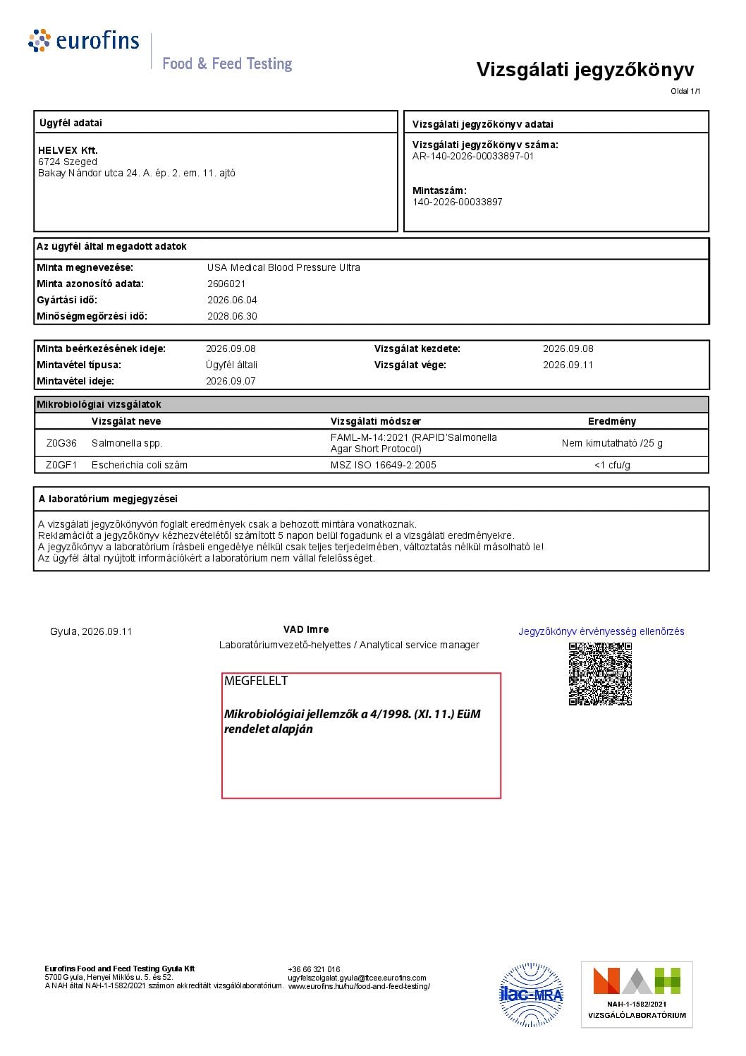 A jegyzőkönyv első oldala: Mikrobiológiai vizsgálat