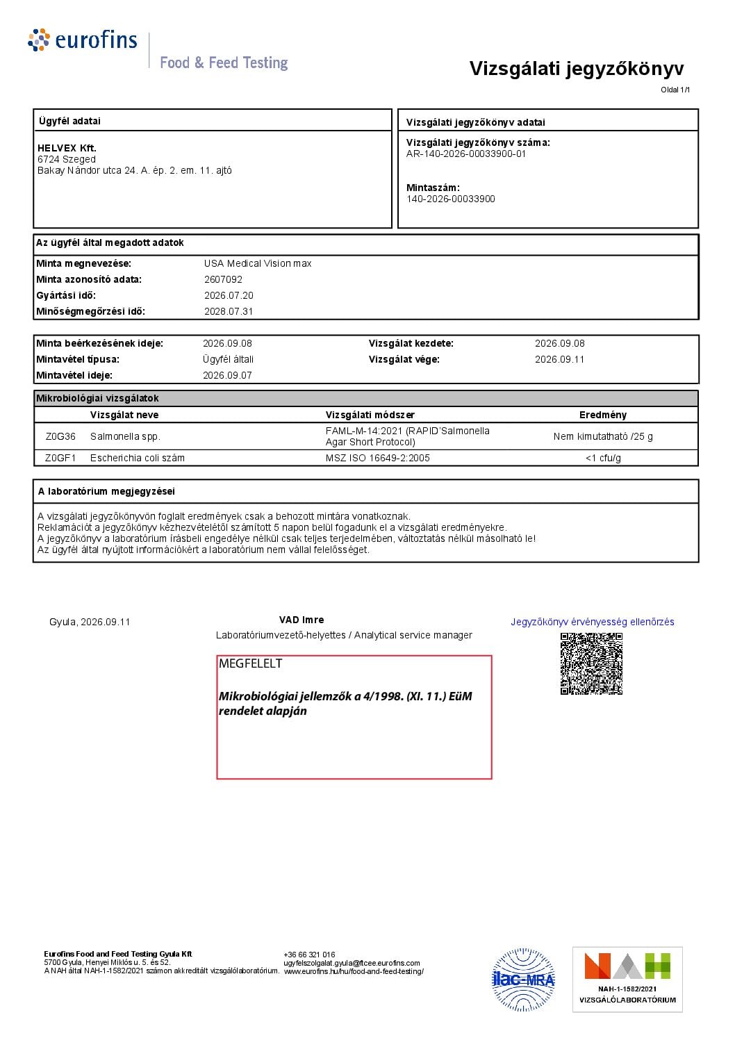 A jegyzőkönyv első oldala: Mikrobiológiai vizsgálat