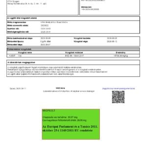 A jegyzőkönyv első oldala: Ásványianyag-tartalom (hatóanyag-vizsgálat)
